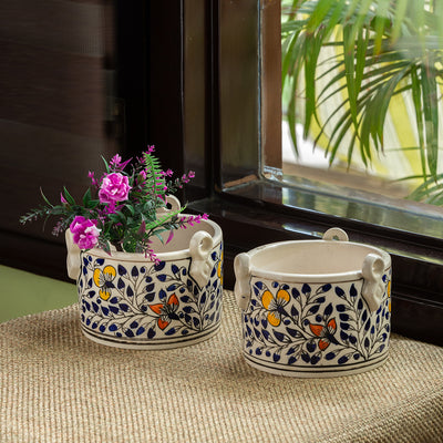 'Indigo Vines' Hand-painted Table Planter Pots In Ceramic (Set of 2)
