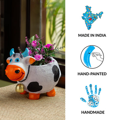 'Playful Cow' Handmade & Hand Painted Planter Pot In Terracotta (8 Inches)