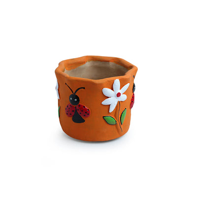 'Bees & Buds' Handmade & Hand Painted Planter Pot In Terracotta (5 Inches)