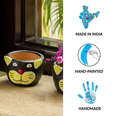 Meek Meow' Handmade & Hand Painted Planter Pot In Terracotta (Set of 2 | 5 Inches)