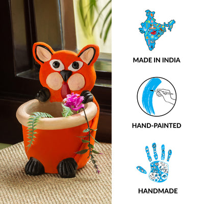 'Fiesty Fox' Handmade & Hand Painted Planter Pot In Terracotta (4 Inches)