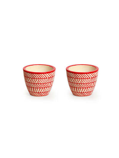 'Red Chevrons ' Handmade & Hand-painted Table Planters In Ceramic (Set of 2)