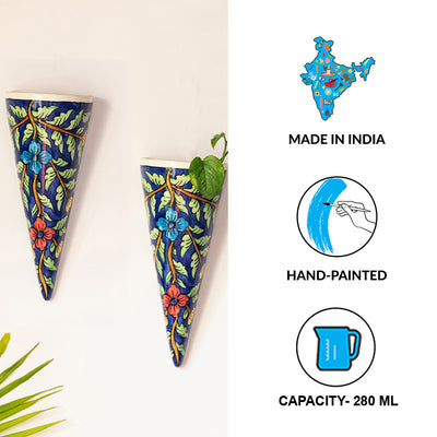 'Floral Cones ' Hand-painted Wall Planter Pots In Ceramic (Set of 2)