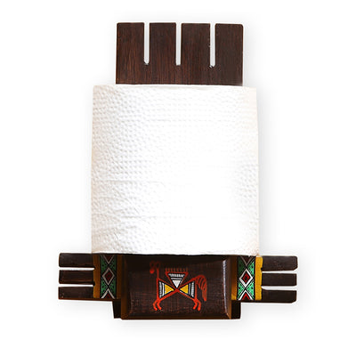 'Vibrantly Warli' Cross Joint Hand-Painted Tissue Roll Holder In Teak Wood