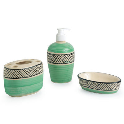 'Sea Green Sky' Handpainted Ceramic Bathroom Accessory Set Of 3