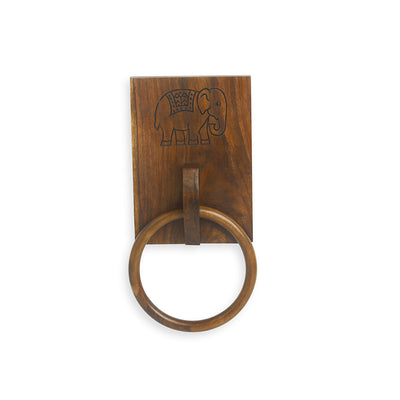 'The Elephant Warriors' Hand Carved Ring Towel Holder In Sheesham Wood