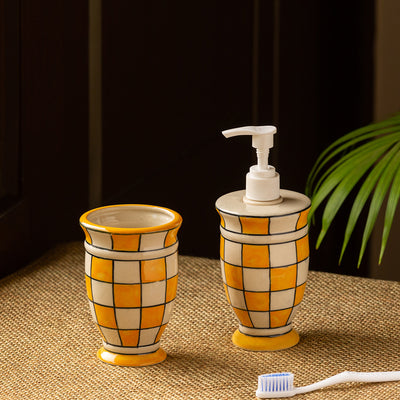 Shatranj Checkered' Hand-painted Bathroom Accessory Set In Ceramic (Soap Dispenser | Toothbrush Holder)
