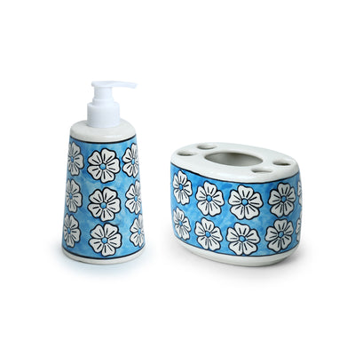 Turquoise Mogra' Hand-painted Bathroom Accessory Set In Ceramic (Liquid Soap Dispenser | Toothbrush Holder)
