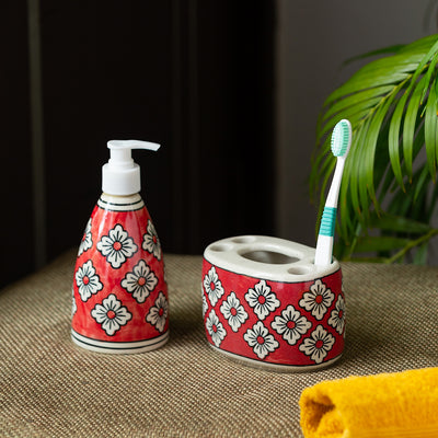 Crimson Lily' Hand-painted Bathroom Accessory Set In Ceramic (Liquid Soap Dispenser | Toothbrush Holder)