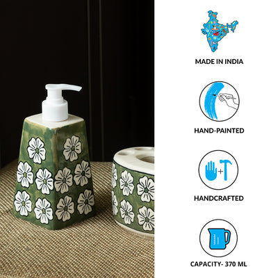 Jade Mogra' Hand-painted Bathroom Accessory Set In Ceramic (Liquid Soap Dispenser | Toothbrush Holder)