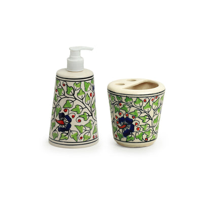 Green Leaflets' Hand-painted Bathroom Accessory Set In Ceramic (Liquid Soap Dispenser | Toothbrush Holder)