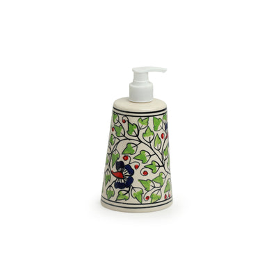 Green Leaflets' Hand-painted Bathroom Accessory Set In Ceramic (Liquid Soap Dispenser | Toothbrush Holder)