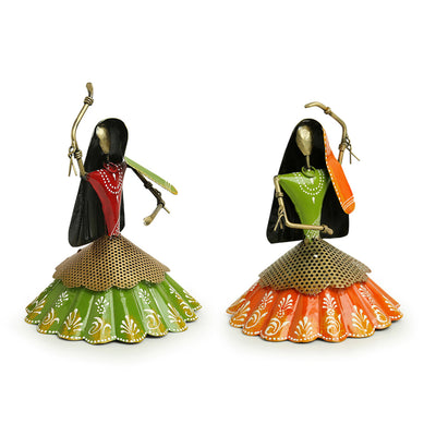 Rajasthani Kalbeliya Dance Girls' Hand-painted Decorative Showpieces (10 Inch | Set of 2 | Iron)