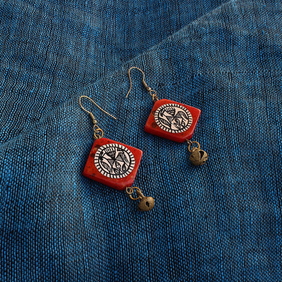 Tribal Warli Squares' Bohemian Resin Earrings Hand-painted In Warli Art (Red)