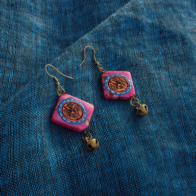 Tribal Warli Squares' Bohemian Resin Earrings Hand-painted In Warli Art (Punch Pink)