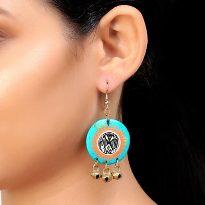 Tribal Warli Rounds' Bohemian Resin Earrings Hand-painted In Warli Art (Jade Blue)