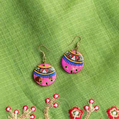 Tribal Floral Rounds' Hand-painted Bohemian Earrings (Resin | Punch Pink | 2 Inch)