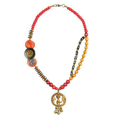Tribal Men Beaded' Warli Hand-painted Bohemian Brass Necklace Handcrafted In Dhokra Art (Matinee)