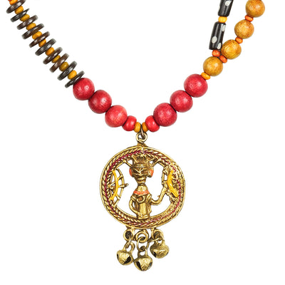 Tribal Men Beaded' Warli Hand-painted Bohemian Brass Necklace Handcrafted In Dhokra Art (Matinee)