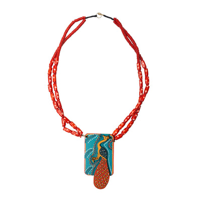 Tribal Peacock' Hand-Painted Bohemian Necklace (Teak Wood | Matinee)