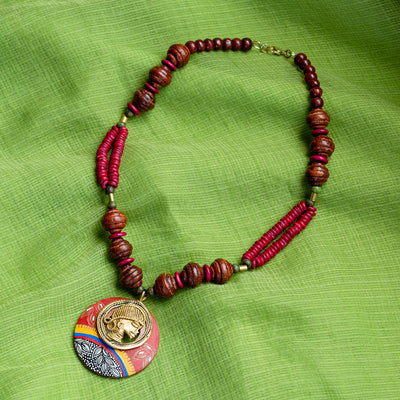 Tribal Dhokra Maroon' Bohemian Brass Necklace Handmade In Dhokra Art (Brass | Wood | Bib)