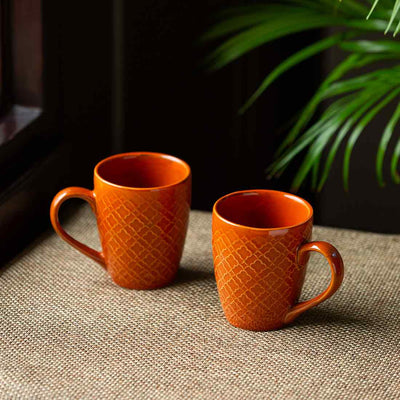 Moroccan Tangerine' Hand Glazed & Embossed Coffee Mugs In Ceramic (Set Of 2 | 300 ML | Microwave Safe)