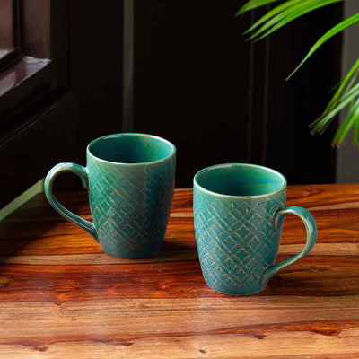 Moroccan Turqouise' Hand Glazed & Embossed Coffee Mugs In Ceramic (Set Of 2 | 300 ML | Microwave Safe)