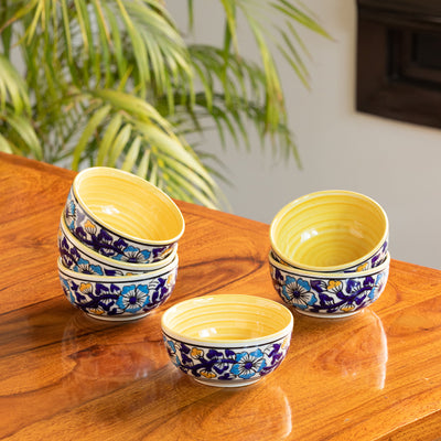 Badamwari Bagheecha' Hand-Painted Ceramic Dinner Bowls/Katoris (Set of 6 | 220 ML | Microwave Safe)