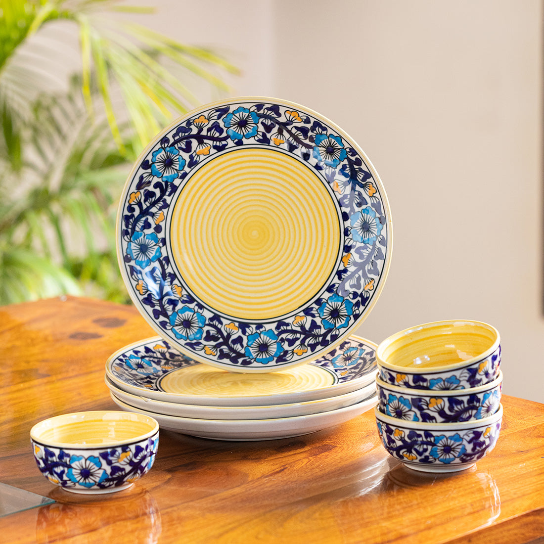 'Badamwari Bagheecha' Hand-Painted Ceramic Dinner Plates With Katoris (8  Pieces, Serving for 4, Microwave Safe)