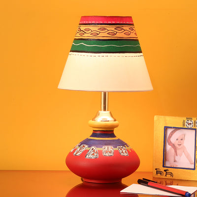 'Warli In Light' Hand-Painted Pot Shaped Round Table Lamp In Terracotta