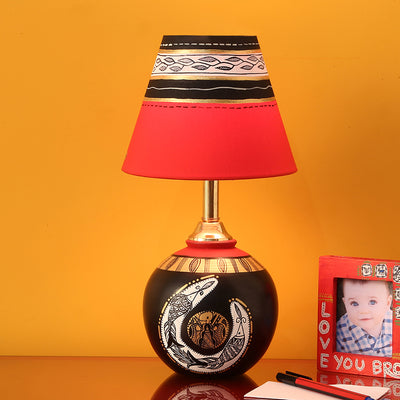 'Madhubani Shimmers' Hand-Painted Pot Shaped Round Table Lamp In Terracotta