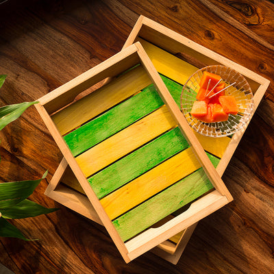 'Spring for Two' Handcrafted Multicoloured Wooden Serving Trays (Set Of 2)