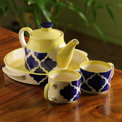 'Sea-Tea' Handpainted Tea Cups & Kettle Set With Tray In Ceramic