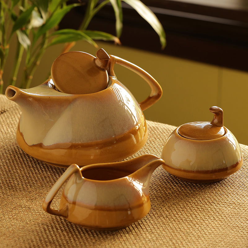 Tea Pot Kettle Set Dual Glazed Studio Pottery In Ceramic (Set Of 3)