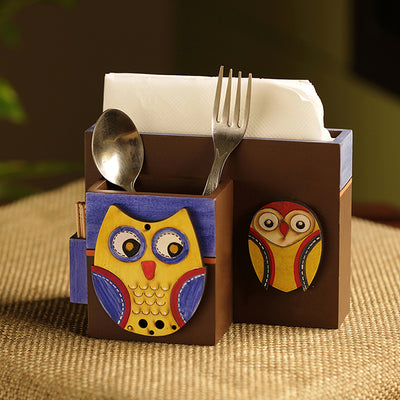 'Twin Owl Motifs' Cutlery Napkin & Toothpick Holder In Wood (3 Partitions)