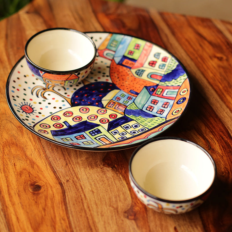 Hand Painted Ceramic Plate With Serving Bowls Set Ceramic Plate With Serving Bowls Set ExclusiveLane