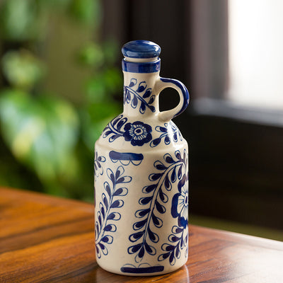 The 'Flowy Flora' Mughal Hand-Painted Ink Blue Decorative Ceramic Oil Bottle (1000 ML)