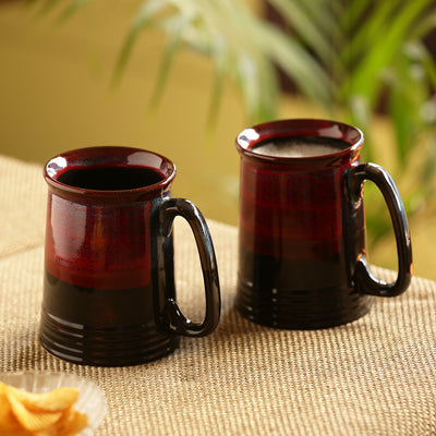 'Crimson Inquisitiveness' Hand Glazed Studio Pottery Ceramic Beer & Milk Mugs (Set Of 2)