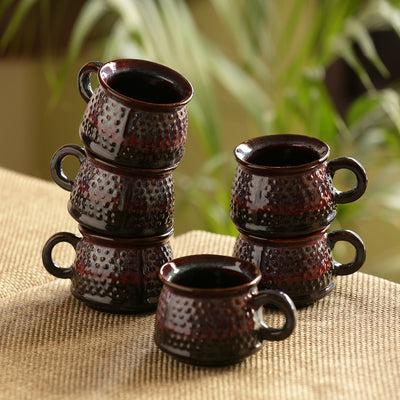 'Dimples of Crimson' Hand Glazed Studio Pottery Ceramic Tea & Coffee Cups (Set Of 6)