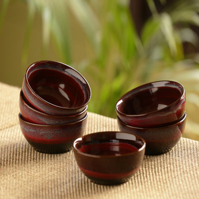 'Crimson Shields' Hand Glazed Studio Pottery Ceramic Dining Bowls Set (4 Inch | Set Of 6)