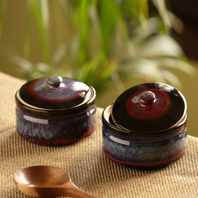 'Crimson Sky' Hand Glazed Studio Pottery Ceramic Serving Handis With Lids (Set Of 2)