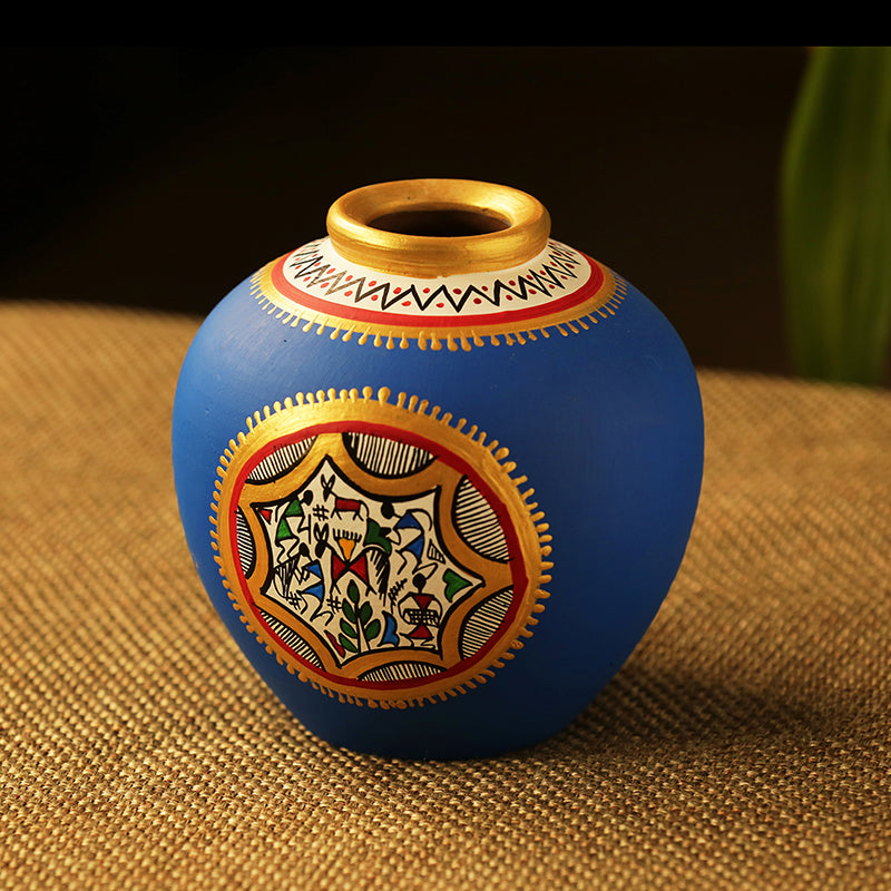 15.2 cm Terracotta Handpainted Warli Matki Shaped Vase In Blue
