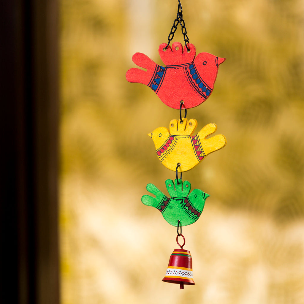 ‘Feathered Friends’ Hand-Painted Decorative Hanging Bell Wind Chime In Metal & Wood