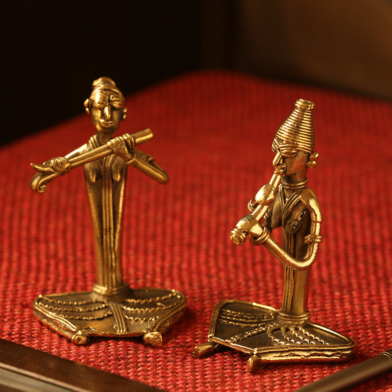 Happy Flutists'Handmade Brass Figurine In Dhokra Art (Set Of 2
