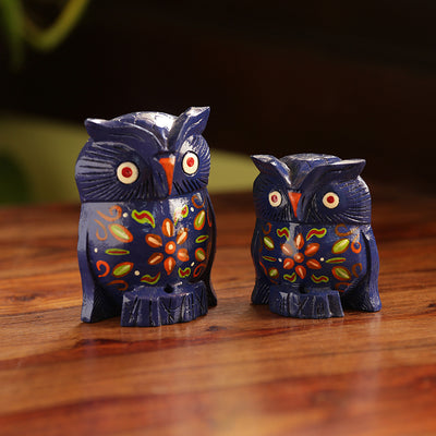 'The Majestic Blue Owl Pair' Hand Carved & Hand Painted Showpiece In Eucalyptus Wood