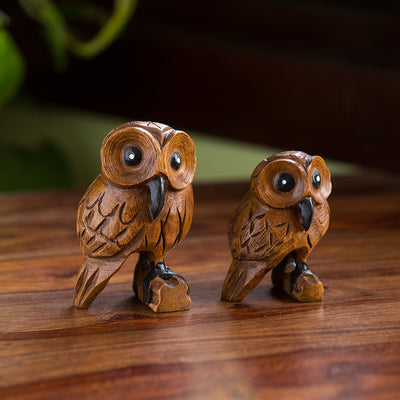 'The Lounging Owls' Hand Carved & Hand Painted Showpiece In Eucalyptus Wood