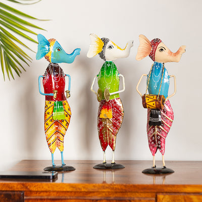 Melodious Ganesha Trio' Handpainted Decorative Showpieces In Metal (Set of 3 | 12 Inch)