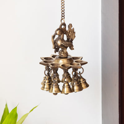 Paradise Peacock' Hand-Etched Decorative Hanging Diya With Bell In Brass (9 Diyas & Bells | 983 Grams)