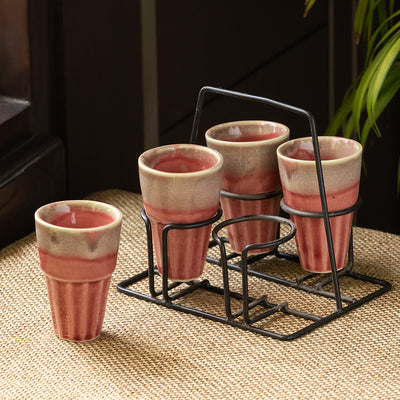 'Peachy Mood' Tea Chai Glasses In Stoneware With Iron Holder (Set of 4)