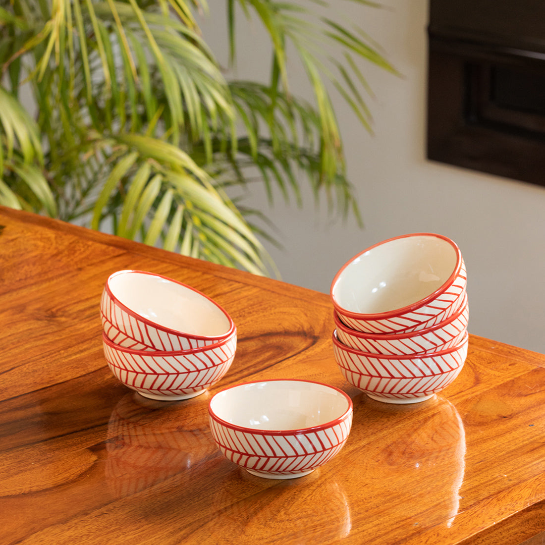 Red Chevrons Hand Painted Ceramic Dinner Bowls Katoris Set of 6